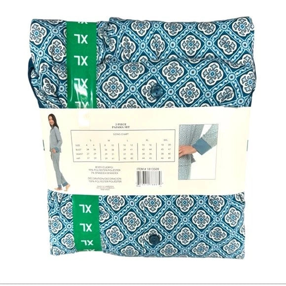 Flora Nikrooz Teal and White Pajama Set Satin Accents 2 Piece