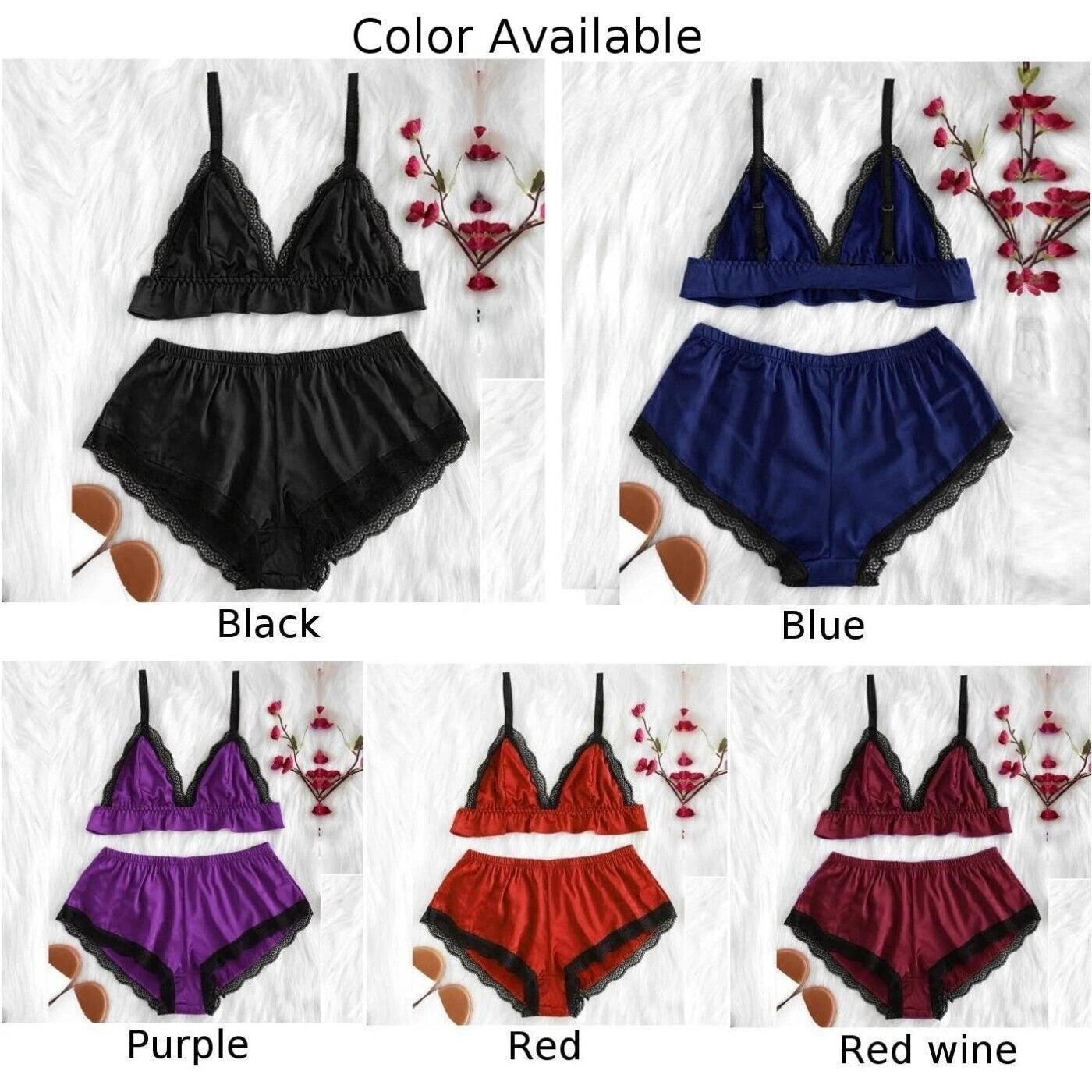 Women Satin Silk Sleepwear Set Top Shorts Nightwear Sexy Lingerie Pajamas-Set