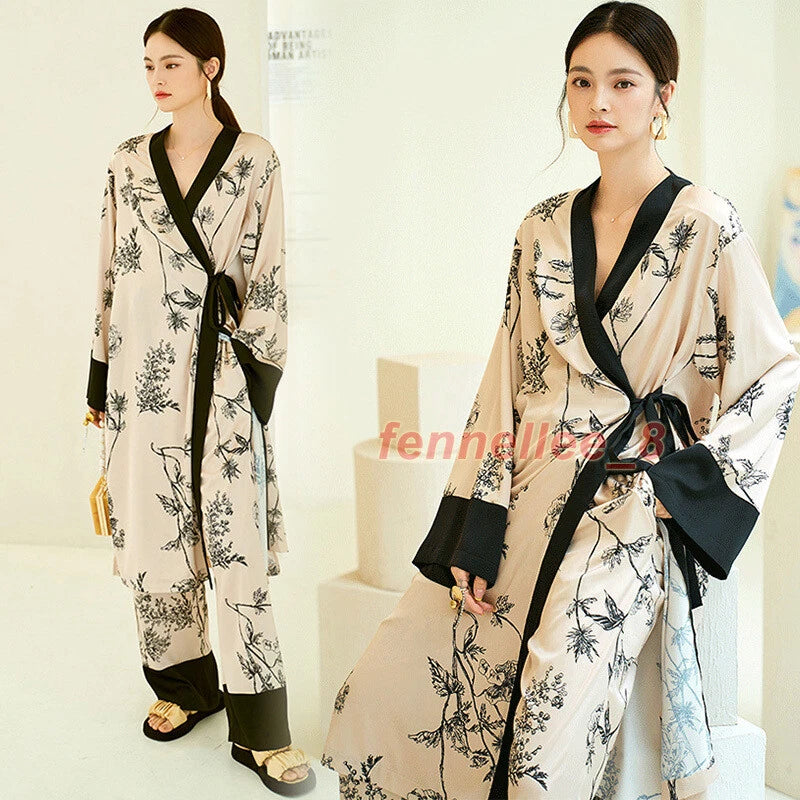 Women 2PC Ice Silk Printed Kimono Coat Pant Chinese Nightgown Pajamas Loungewear