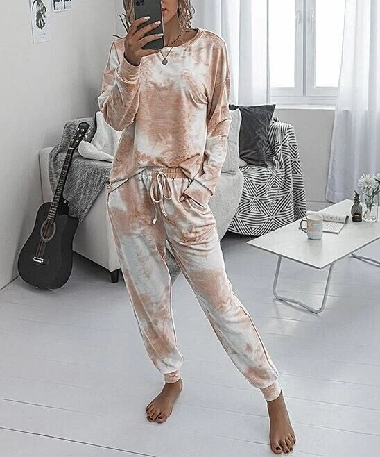 XL NWOT Women's Romantic Hut Salmon Tie Dye Jogger & LS Crew Neck Top Lounge SET