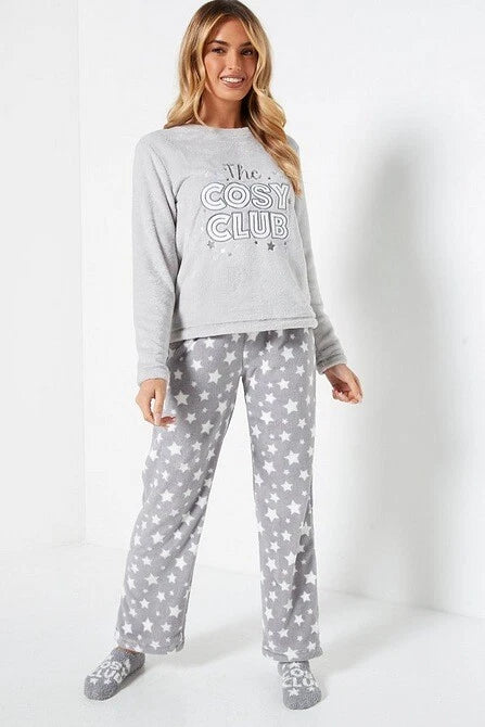 Ladies Womens SUPERSOFT FLEECE Pyjamas and Matching Socks Cosy PJ SET UK 8-26