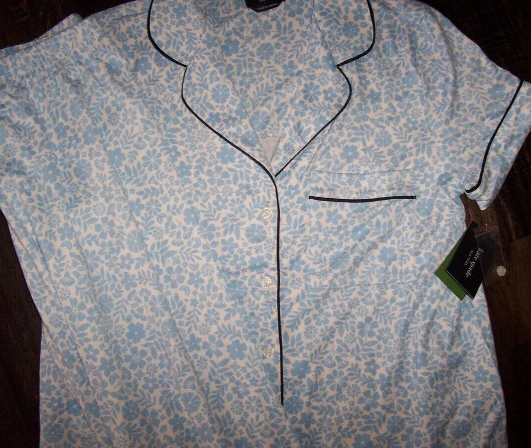 NWT Kate Spade WHITE/BLUE DITSY FLORAL Soft Knit Cropped Pajama Set L NAVY TRIM