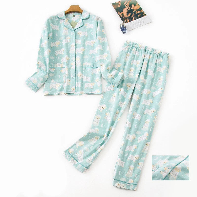 Womens 100% Cotton Pajamas Set Flannel Printed Button Nightwear Loungewear 12-24