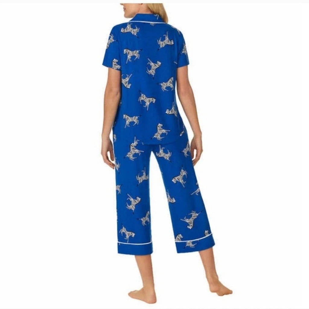 Room Service Womens Notch Collar 2pc Zebra Print Capri PJ Pajama Set Blue Size L