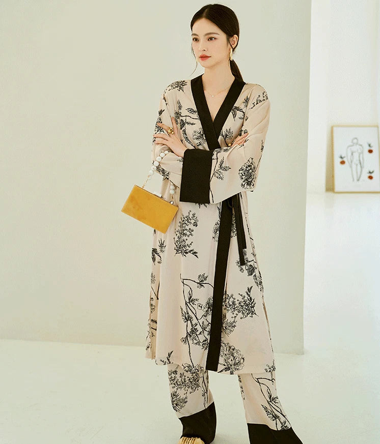 Women 2PC Ice Silk Printed Kimono Coat Pant Chinese Nightgown Pajamas Loungewear