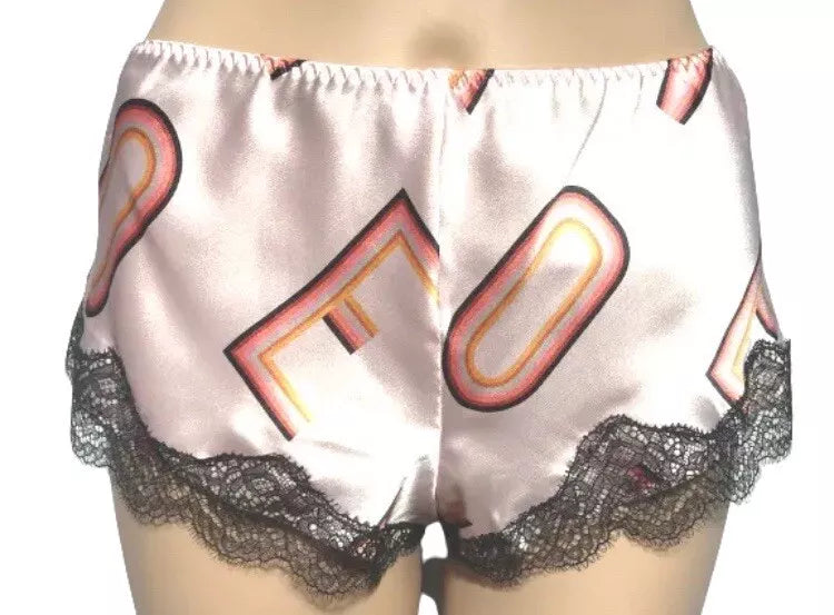 Victoria's Secret Pink Black Lace Satin Pajama Sleep Shorts ONLY Letters Sz M