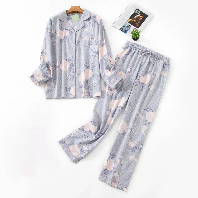 Womens 100% Cotton Pajamas Set Flannel Printed Button Nightwear Loungewear 12-24