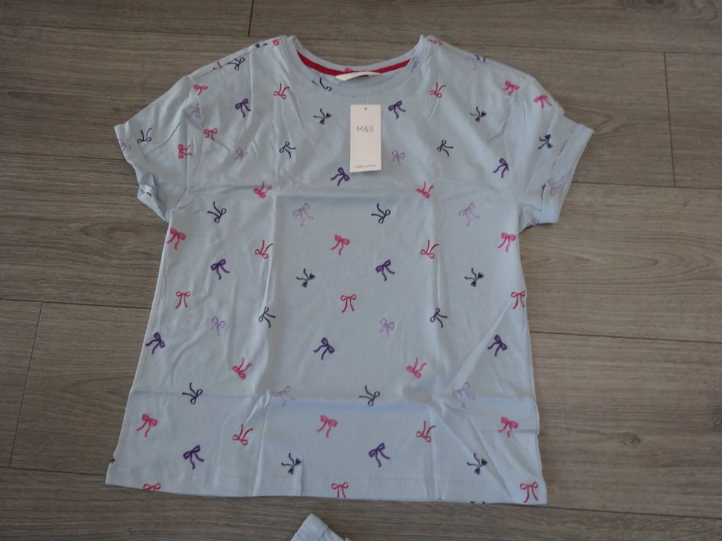 M&S MARKS & SPENCER BLUE MIX COTTON SHORT SLEEVE PYJAMA SET SIZE S UK SIZE 8-10