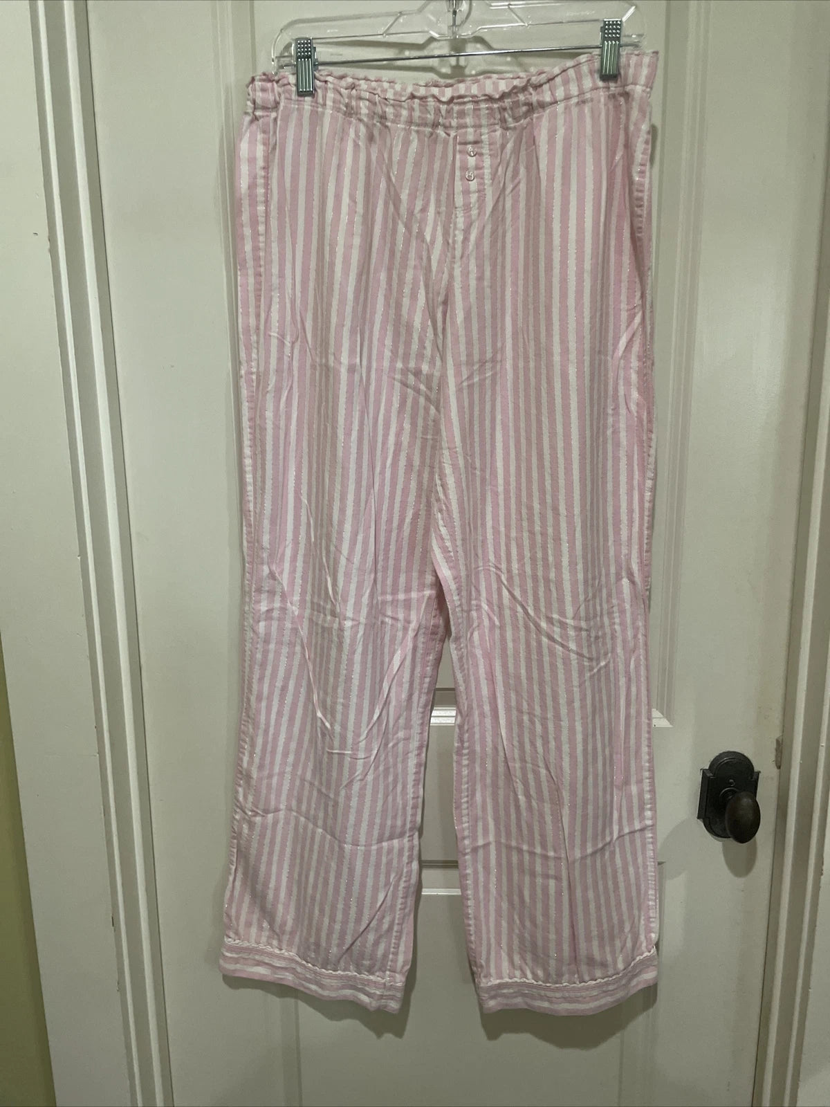 Victoria’s Secret Pajama Set Pink & White Striped Metallic Cotton Large Long