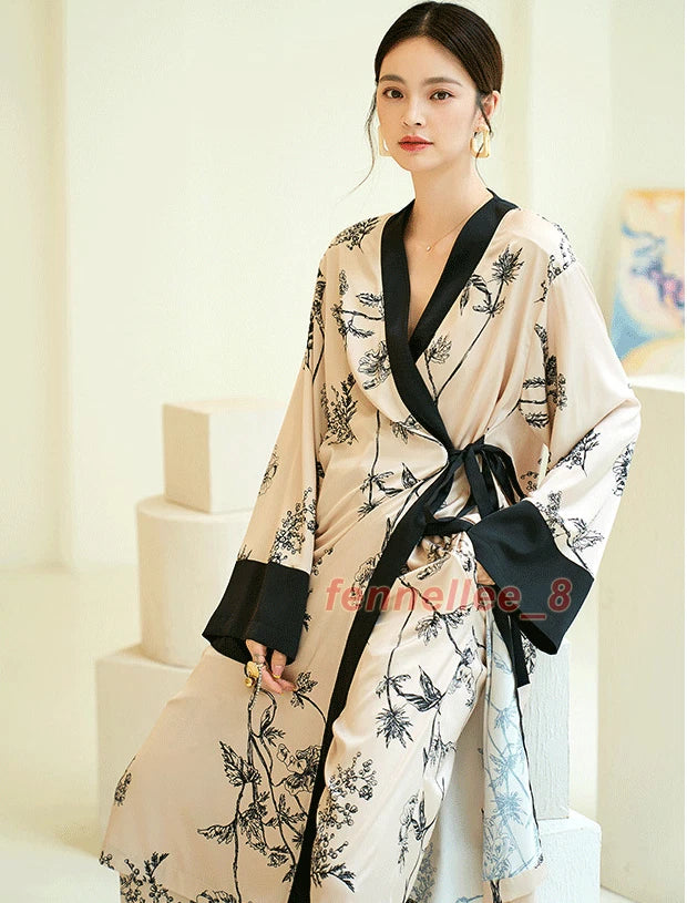 Women 2PC Ice Silk Printed Kimono Coat Pant Chinese Nightgown Pajamas Loungewear