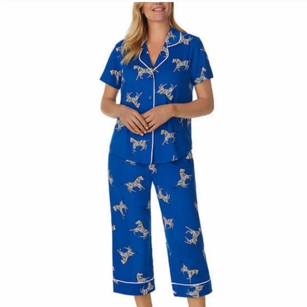 Room Service Womens Notch Collar 2pc Zebra Print Capri PJ Pajama Set Blue Size L