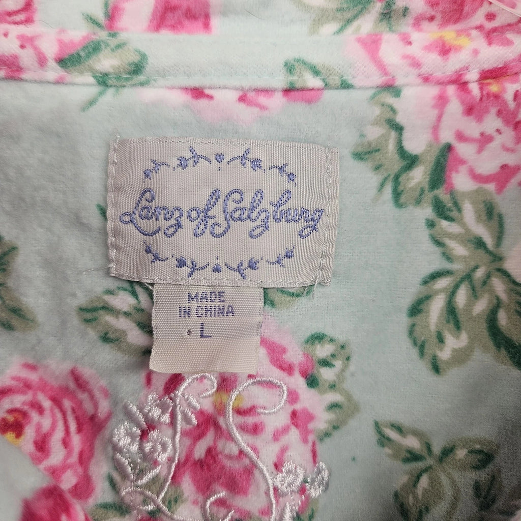 Lanz Of Salzburg Pajama Set Womens Green Floral Flannel Ruffle Cotton Grandma