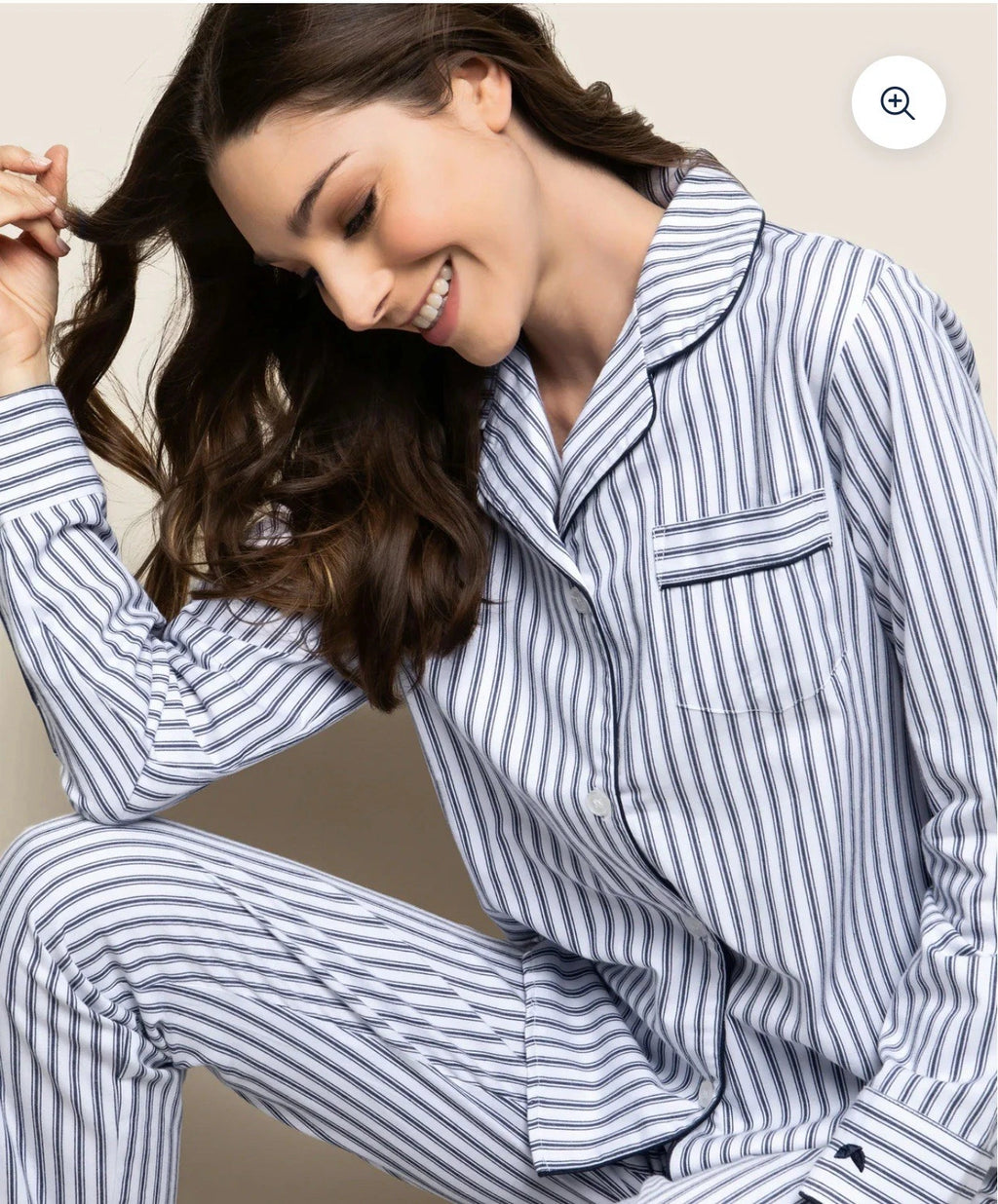 Petite Plume Women's Twill Pajama Set in Navy French Ticking NWT XSMALL MSRP $94