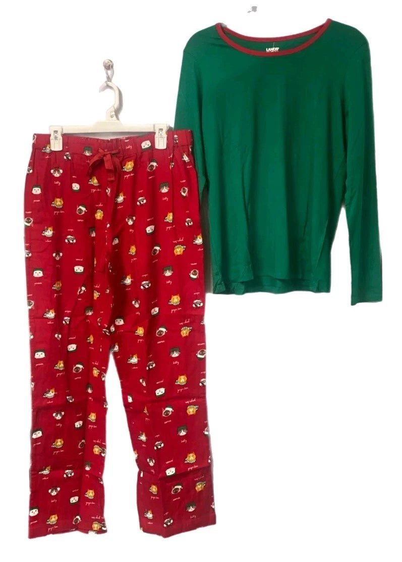 Lands End Womens 2-piece Pajama Set, Rich Red Cats, Medium, NEW, SHIPS FREE