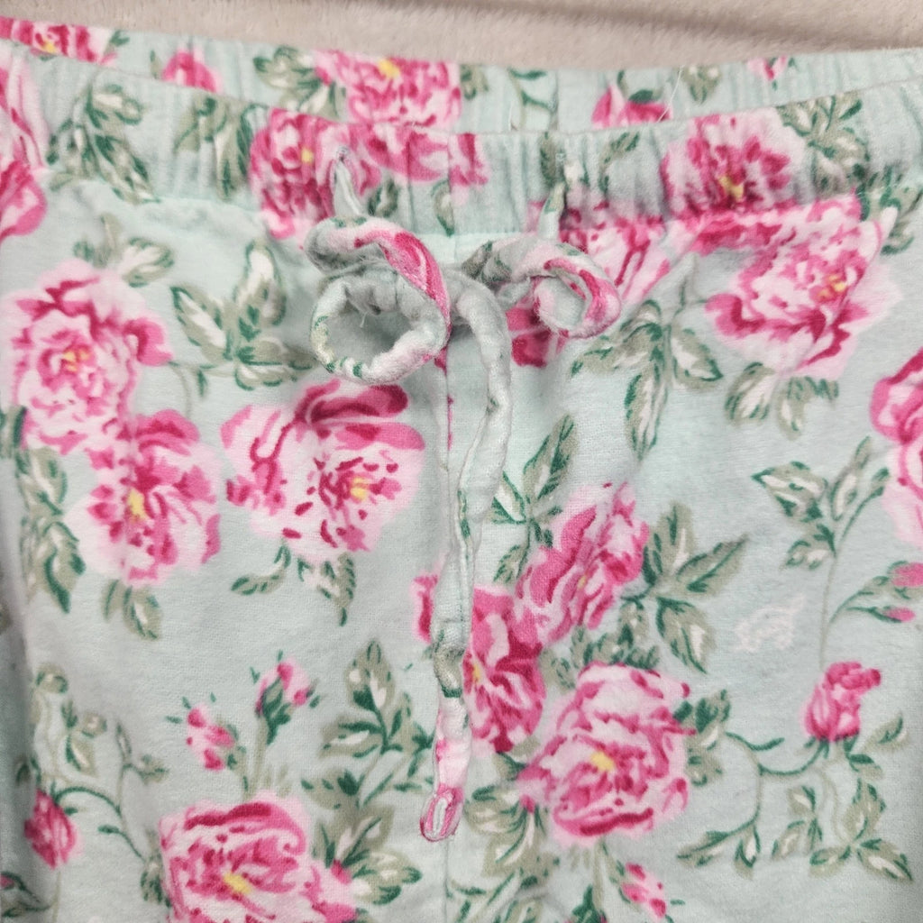 Lanz Of Salzburg Pajama Set Womens Green Floral Flannel Ruffle Cotton Grandma