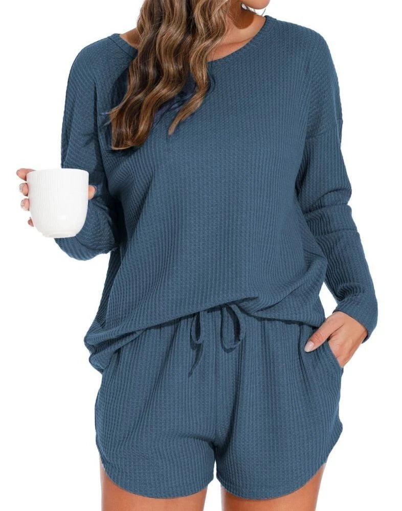 Womens Waffle Knit Pajama Sets Long Sleeve Top and Shorts Loungewear Sweatsuit
