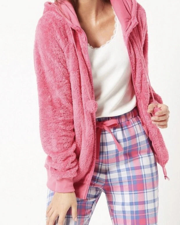 New Womens 3-Piece Check Pom Pom Hooded Pyjama Set Snuggle Set Pink UK 8/10