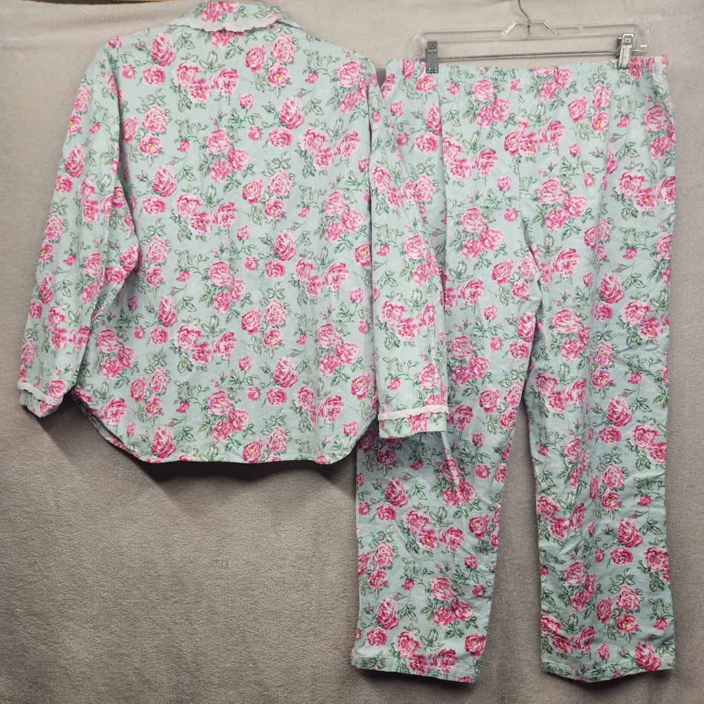 Lanz Of Salzburg Pajama Set Womens Green Floral Flannel Ruffle Cotton Grandma