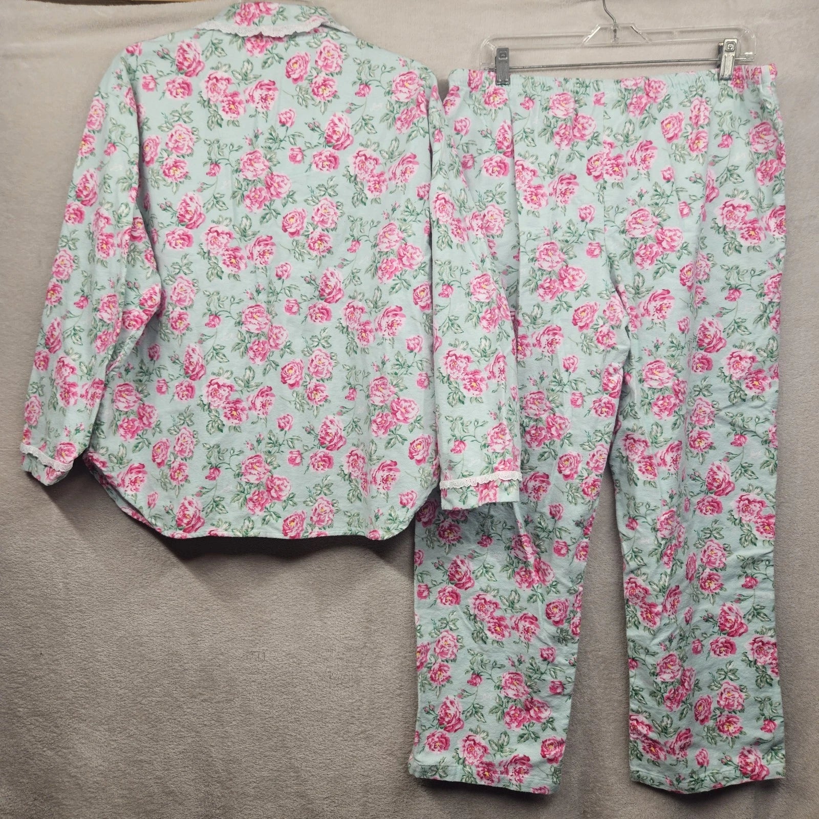 Lanz Of Salzburg Pajama Set Womens Green Floral Flannel Ruffle Cotton Grandma