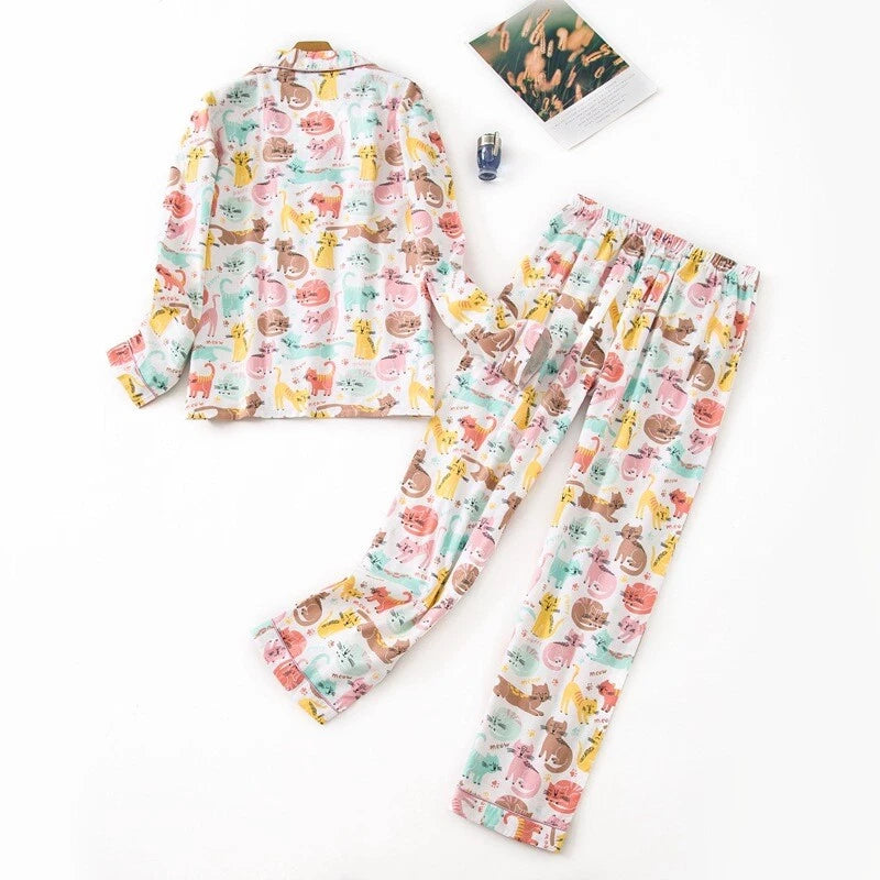 Womens 100% Cotton Pajamas Set Flannel Printed Button Nightwear Loungewear 12-24