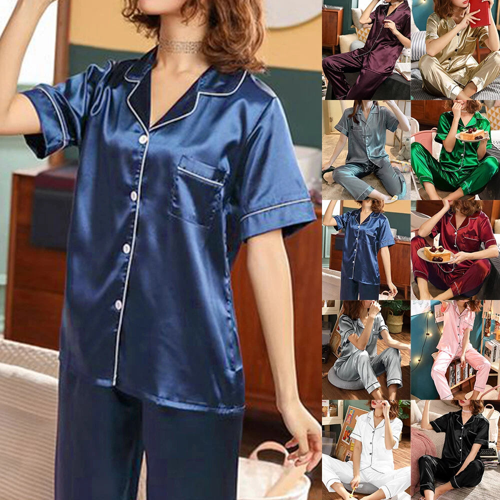 Womens Ladies Silk Satin Pyjamas Short Sleeve Tops Long Pants Soft Nightwear Set
