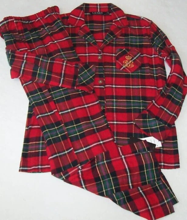 NWT Ralph Lauren RED/GREEN/PURPLE PLAID Brushed Twill Flannel Pajama Set XL SOFT