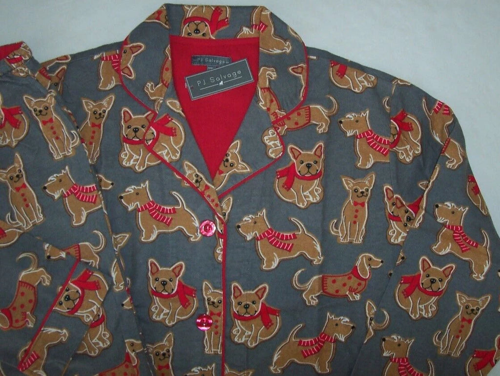 NWT PJ Salvage Gray/Red GINGERBREAD DOG COOKIES Cotton Flannel Pajama Set M