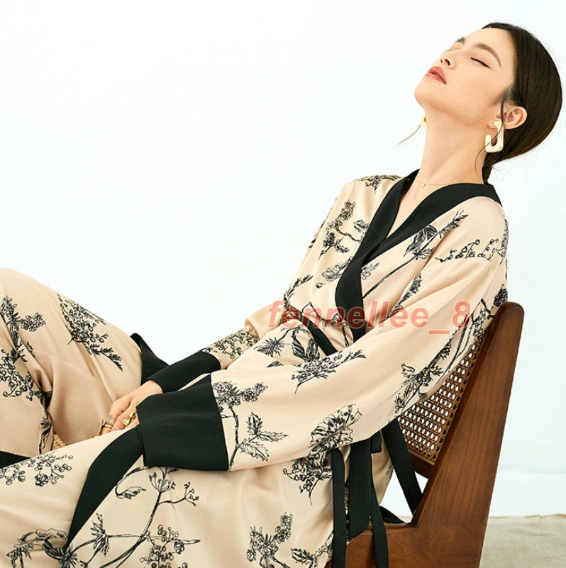 Women 2PC Ice Silk Printed Kimono Coat Pant Chinese Nightgown Pajamas Loungewear
