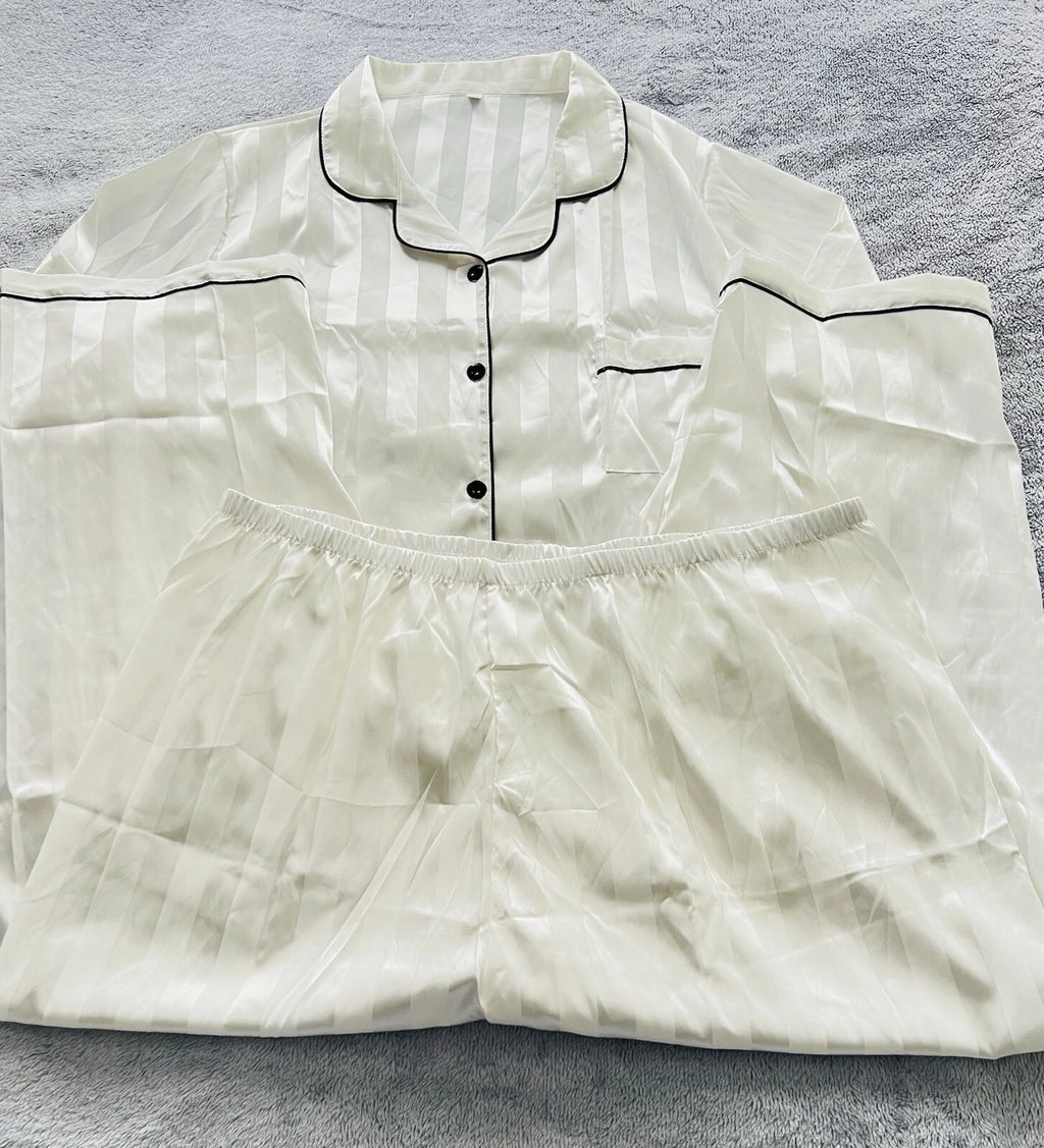 New Women’s Plus Size 5XL White Satin Pyjamas Pjs Sleepwear Set Black Trim