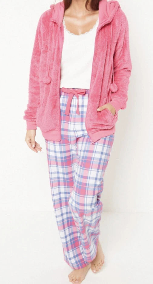 New Womens 3-Piece Check Pom Pom Hooded Pyjama Set Snuggle Set Pink UK 8/10
