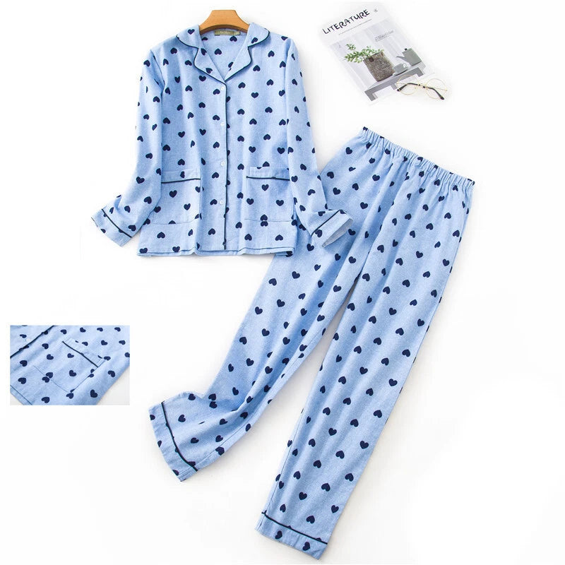 Womens 100% Cotton Pajamas Set Flannel Printed Button Nightwear Loungewear 12-24