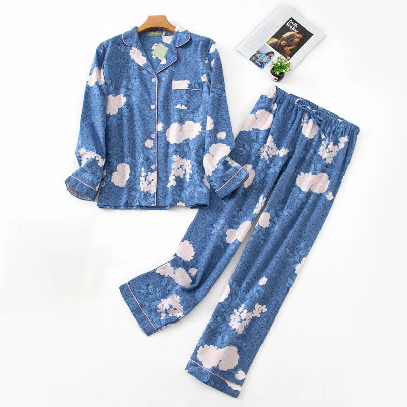 Womens 100% Cotton Pajamas Set Flannel Printed Button Nightwear Loungewear 12-24