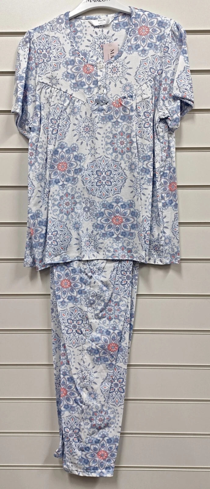 MARLON LADIES 100% COTTON JERSEY BLUE GEO SUMMER PYJAMA SET UK SIZES 12-26