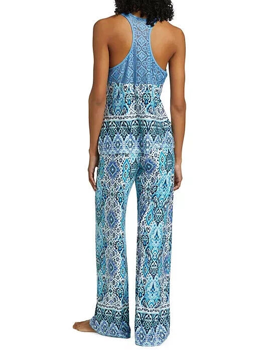 NWT In Bloom by Jonquil NAVY/AQUA/BLUE/WHITE IKAT Knit Pajama Set XS LACY Trim