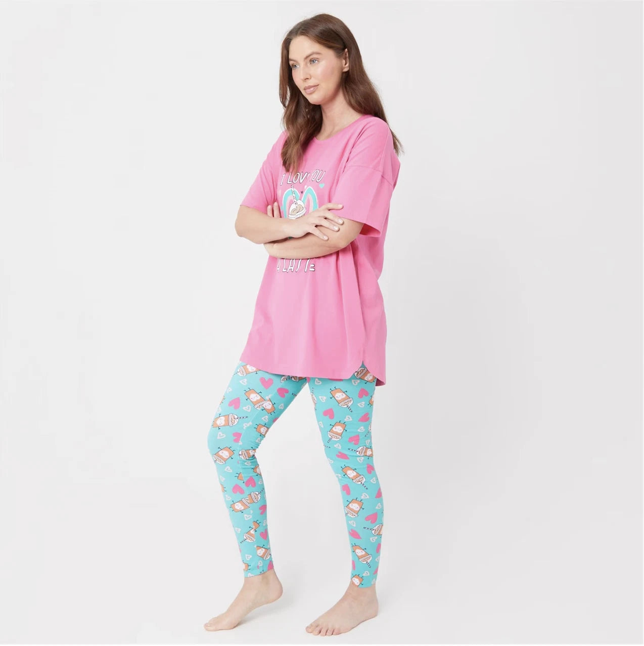 Ladies I LOVE YOU A LATTE PYJAMAS Set T Shirt & Long Pants Top PJS UK 12-14