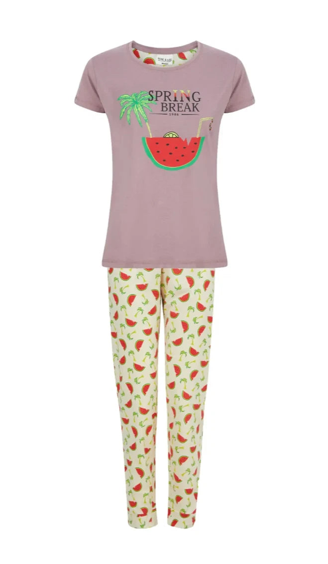 Ladies Pyjama Cotton Blend Printed Crew Neck 2 Piece Set 3 Prints