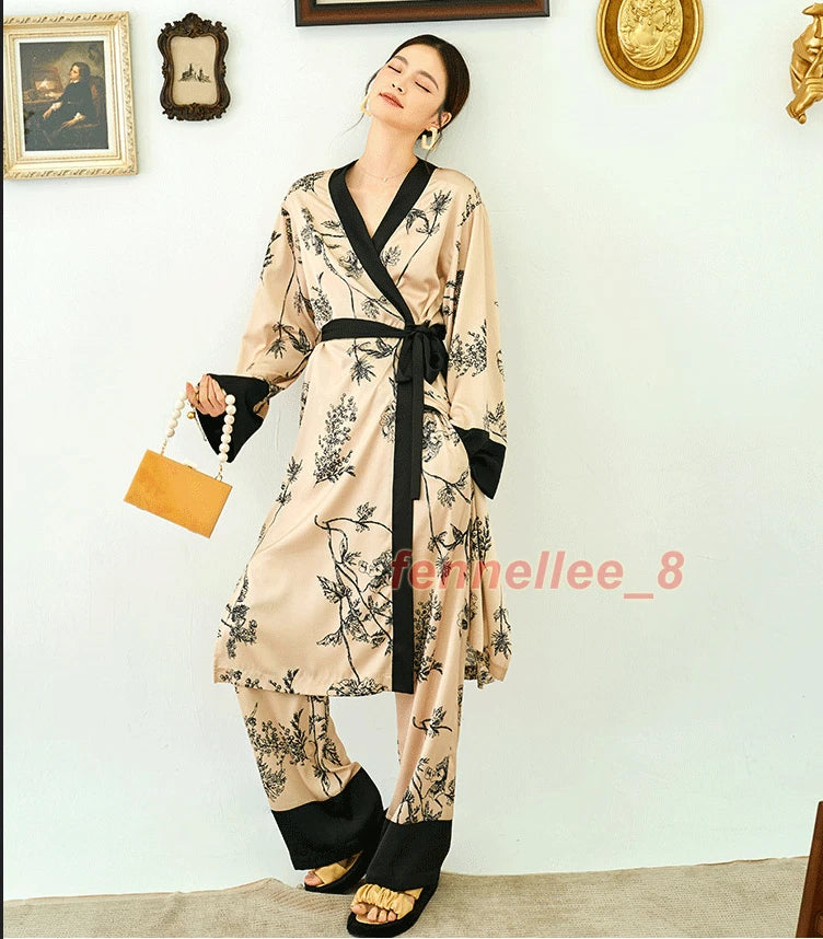 Women 2PC Ice Silk Printed Kimono Coat Pant Chinese Nightgown Pajamas Loungewear