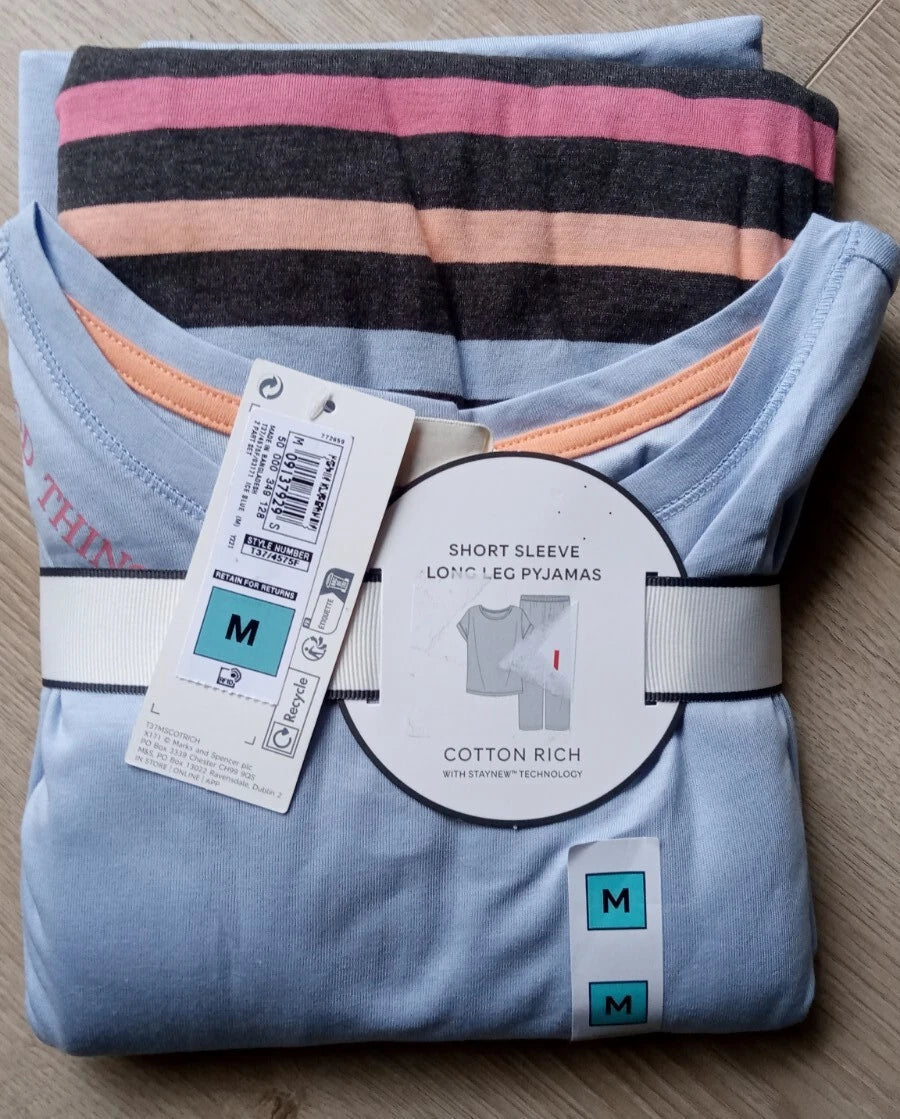 M&S Ladies Pyjama Set Size 12-14 Light Blue Long Leg, Short Sleeve New