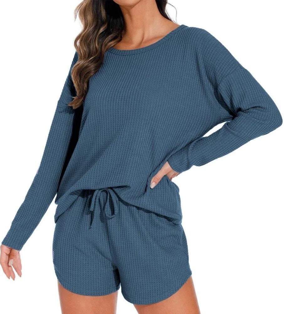 Womens Waffle Knit Pajama Sets Long Sleeve Top and Shorts Loungewear Sweatsuit
