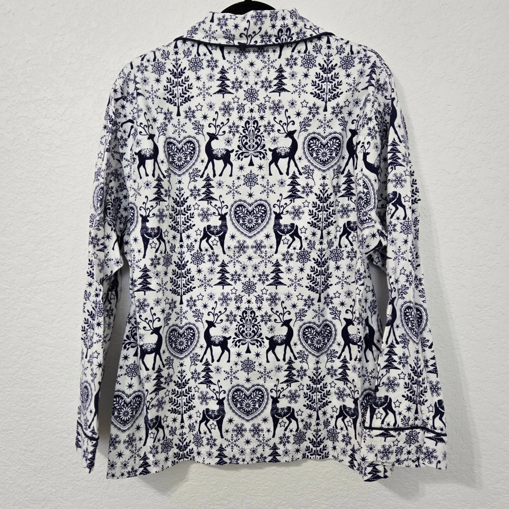 The Cats Pajamas Reindeer PJ Set Womens White Blue Holiday Christmas Loungewear