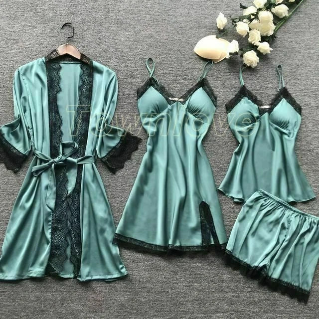 New Women Sexy Silk Satin Pajama Set Lace Sleepwear Home Wear Nightwear Set