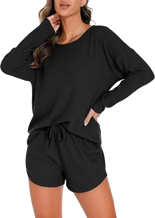 Womens Waffle Knit Pajama Sets Long Sleeve Top and Shorts Loungewear Sweatsuit