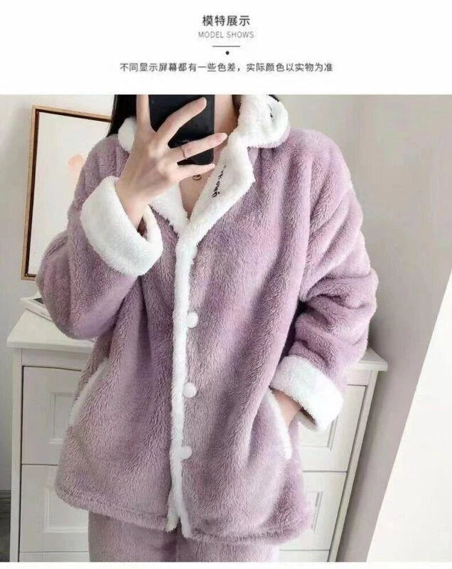 Women's Warm Cartoon Pajama Suit Two Piece Set Shawl Collar Coat Loose Fit Pants