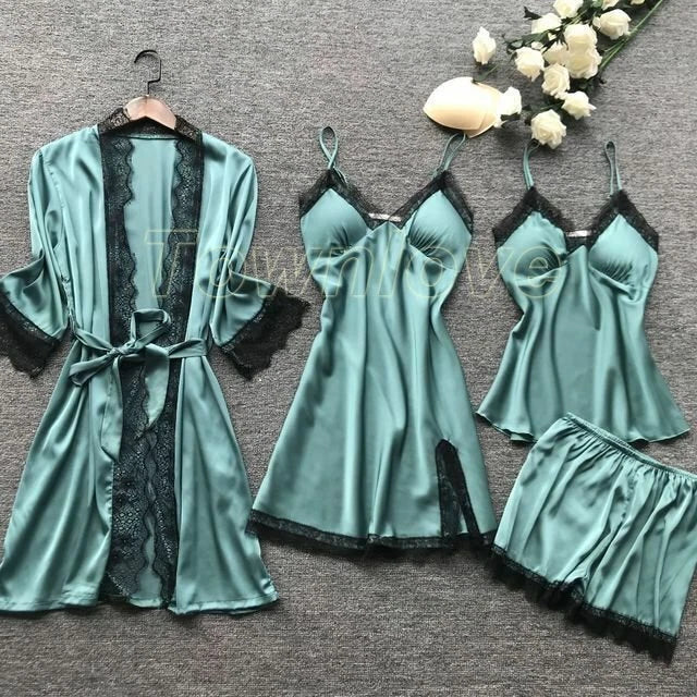 New Women Sexy Silk Satin Pajama Set Lace Sleepwear Home Wear Nightwear Set