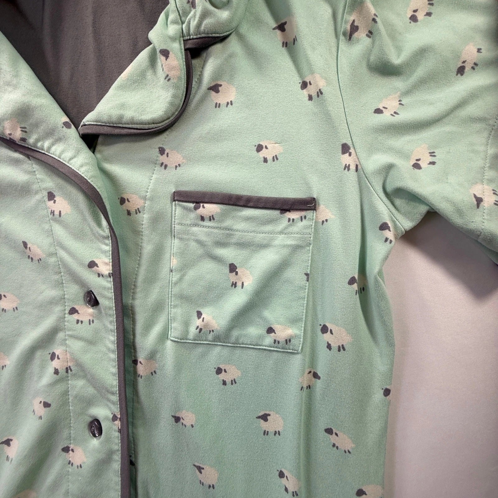 MUNKI MUNKI Women’s Pajama Set Mint Green Sheep Print Short Sleeve Top Pants XS