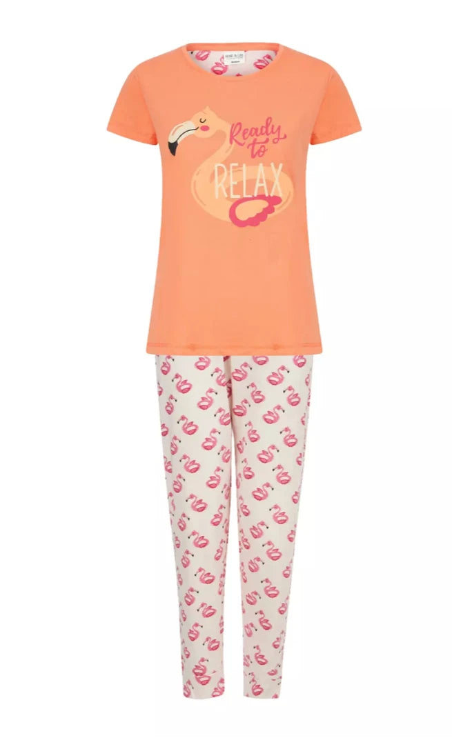 Ladies Pyjama Cotton Blend Printed Crew Neck 2 Piece Set 3 Prints