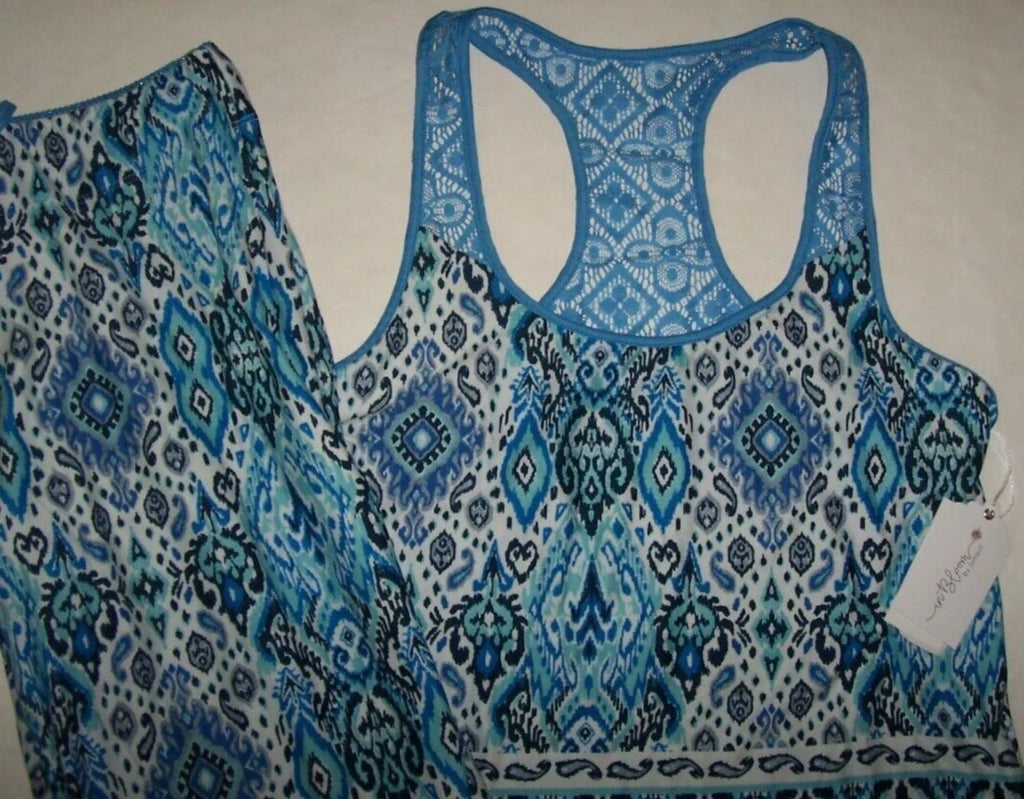 NWT In Bloom by Jonquil NAVY/AQUA/BLUE/WHITE IKAT Knit Pajama Set XS LACY Trim