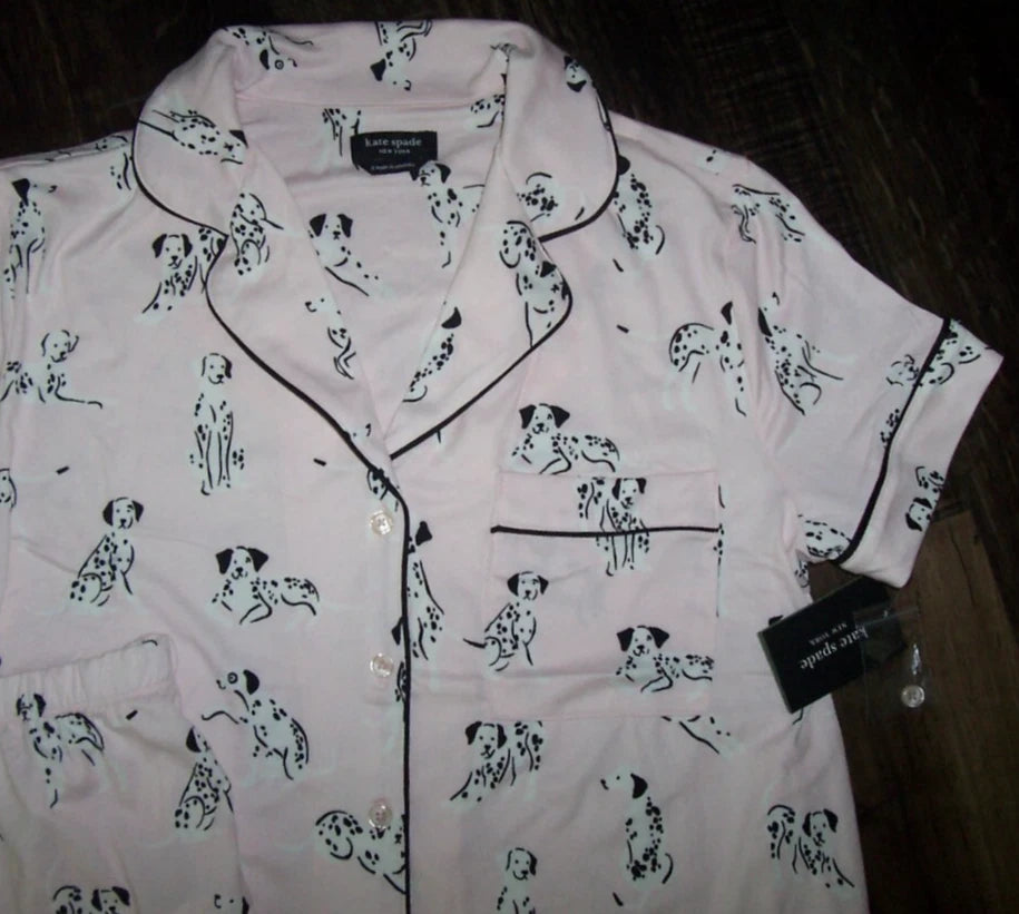 NWT Kate Spade Pink/Black DALMATIAN DOGS Knit SHORTS Pajama/Lounge Set Women's S
