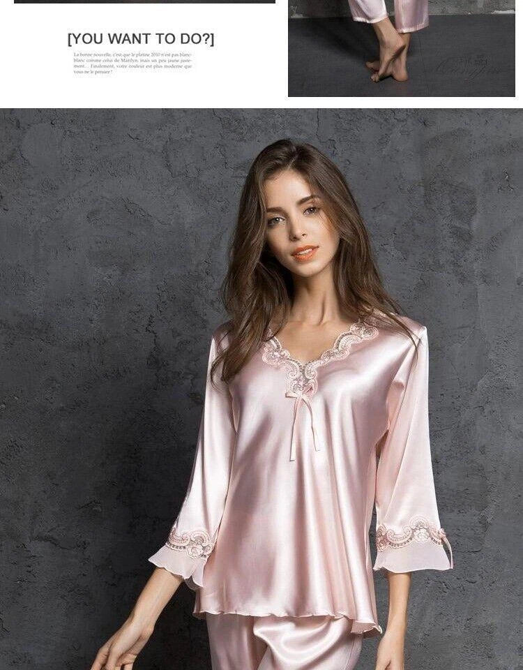 Women's Faux Silk Sexy Lace Silk Pajamas Silk Pajamas Set Home Sleepwear 2pcs