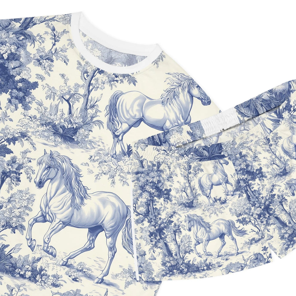 Whimsical Horse Print Pajama Set Cozy Sleepwear, Animal Lover Gift, Blue Floral